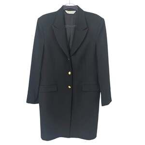 Austin Reed Vintage Black Worsted Wool Long Coat Gold Crest Buttons USA Size 12